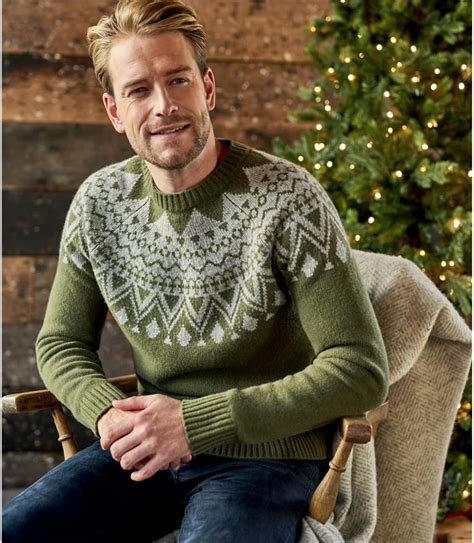 Khaki Grey Mens Lambswool Fairisle Raglan Jumper Woolovers Uk