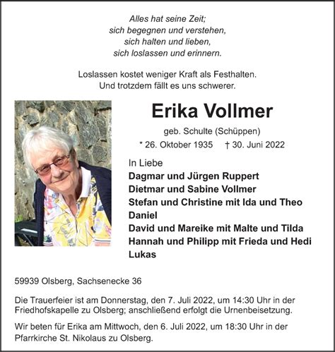 Traueranzeigen Von Erika Vollmer Trauer In NRW De