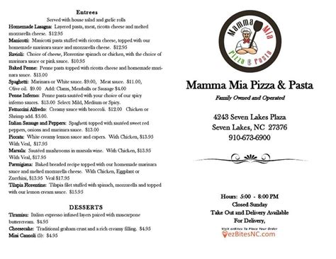 Menu At Mamma Mia S Pizza And Pasta Pizzeria West End