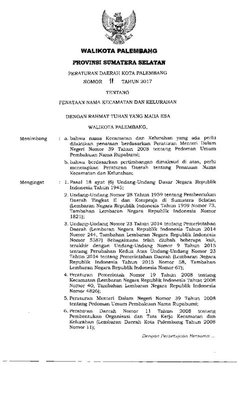 Peraturan Daerah Kota Palembang No 11 Tahun 2017 Tentang Penataan Nama