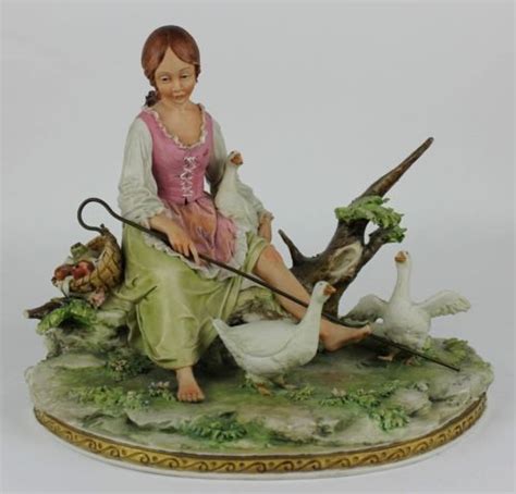 Capodimonte Artist Signed Cazzola Hand Painted Porcelain Girl W Geese