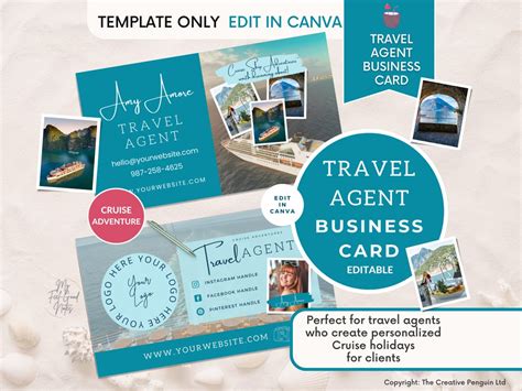 Travel Agency Business Cards Template Travel Advisor Agent Editable Cruise Vacation Blue