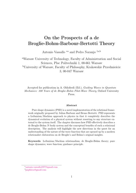 PDF On The Prospects Of A De Broglie Bohm Barbour Bertotti Theory