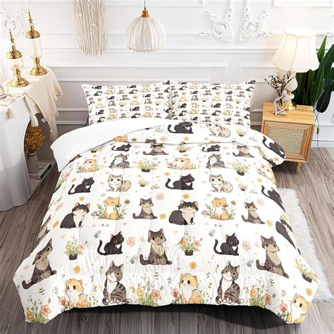 Kids Cartoon Cat Comforter Set Twin Size Cute Pet Cats