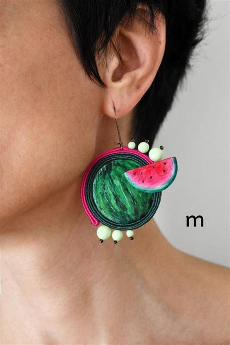 Soutache Earrings Green Pink Watermelon Dangle Earrings Etsy Polska