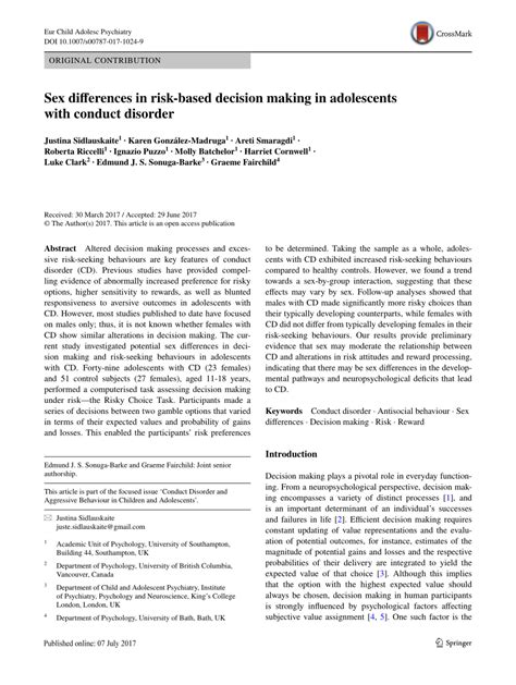 Pdf Sex Differences In Risk Based Decision Making In Adolescents With