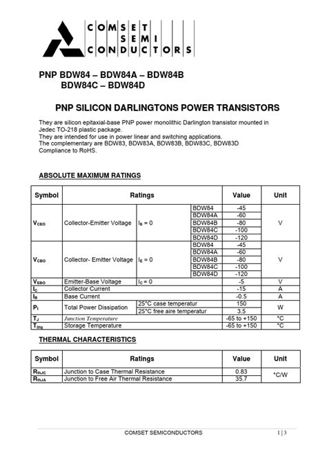 BDW84 Datasheet PDF Comset Semiconductors