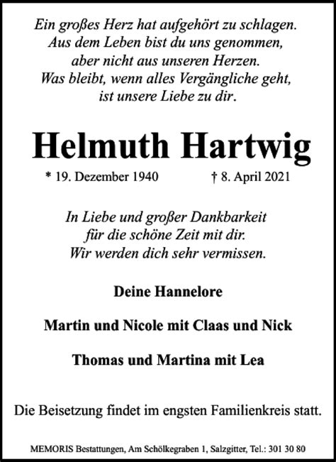 Traueranzeigen Von Helmuth Hartwig Trauer De