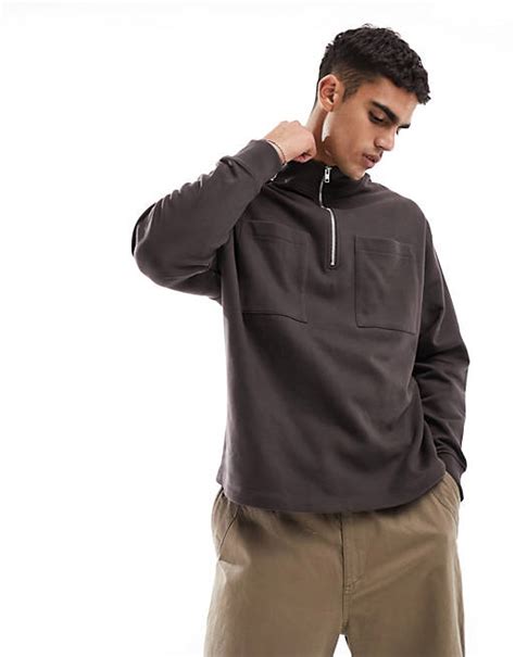 Asos Design Oversized Half Zip Sweatshirt With Pocket In Dark Brown Asos