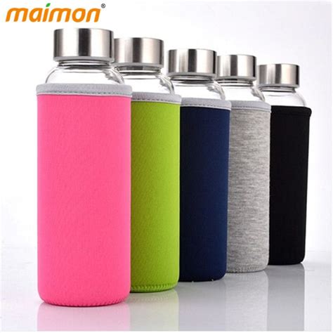 550ml Eco Friendly Clear Glass Drinking Bottle With Protective Cover Case Bag Lid Outdoor Trave