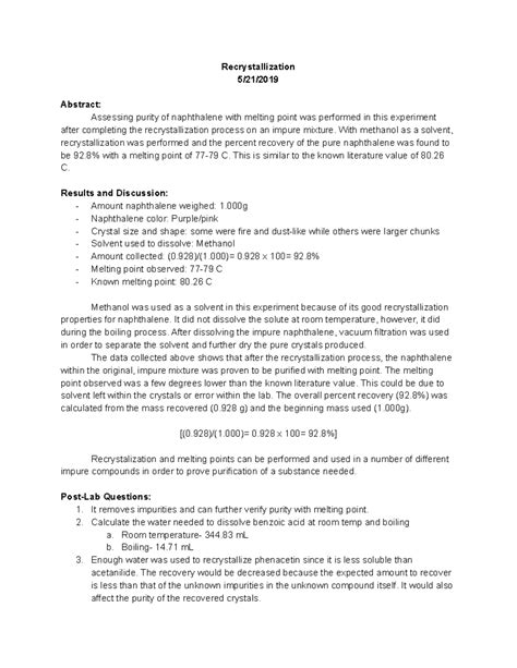 Organic Chemistry Lab Report 3 Recrystallization 5 21 Abstract