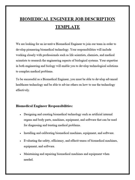 Biomedical Engineer Job Description Template Pdf