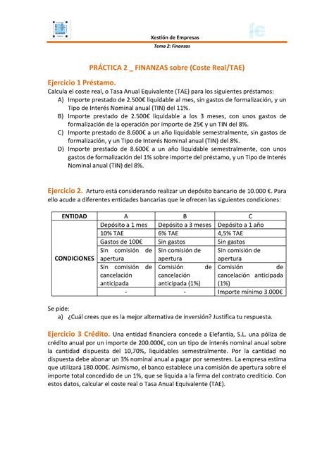 Ge Enunciado Pr Xesti N De Empresas Tema Finanzas Pr Ctica