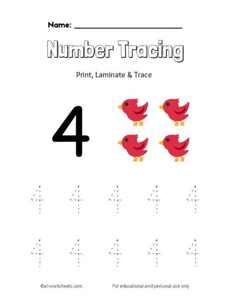 Tracing Number 4 Worksheets