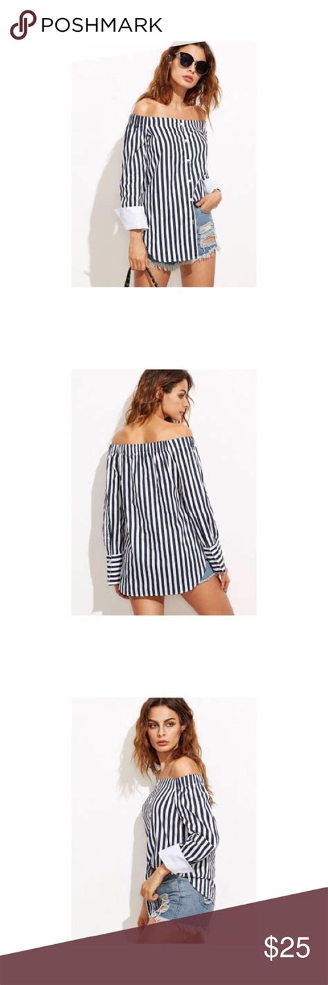 Navy Blue White Striped Off The Shoulder Top Striped Clothes