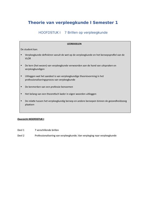 Samenvatting Theorie Van De Verpleegkunde Theorie Van Verpleegkunde I