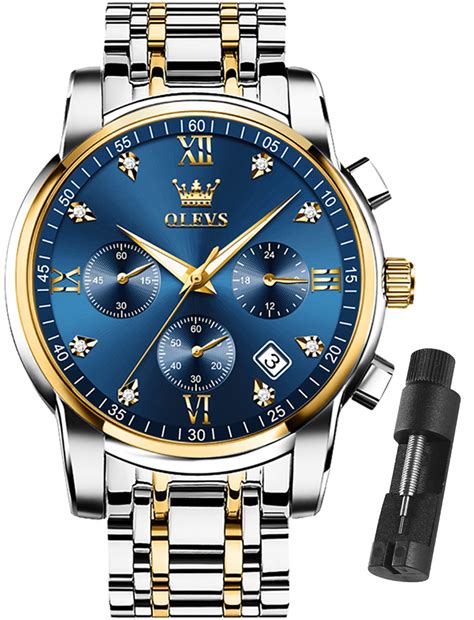 OLEVS Men's Luxury Watch, Blue Face, Gold and Silver Stainless Steel ...