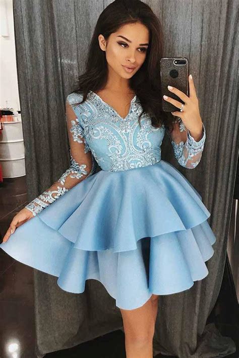 A Line V Neck Tiered Blue Satin Homecoming Dress With Appliques Pgmdress