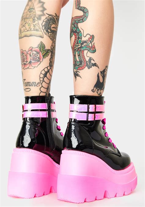 Demonia Uv Reactive Neon Pink Patent Wedge Platform Boots Black Dolls