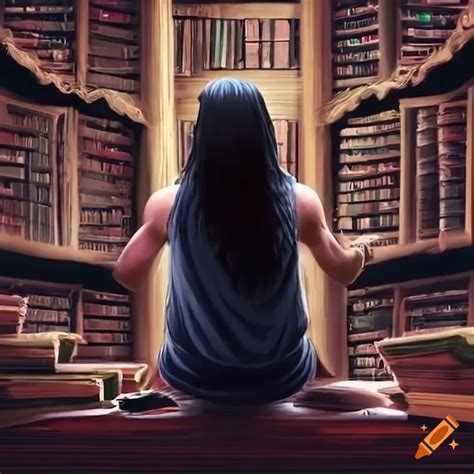 Man With Long Dark Wavy Hair In A Magical Library Facing Backwards On