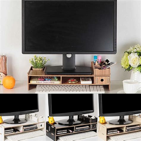 Multi function Wood Desktop Monitor Stand Computer Screen Riser Shelf ...