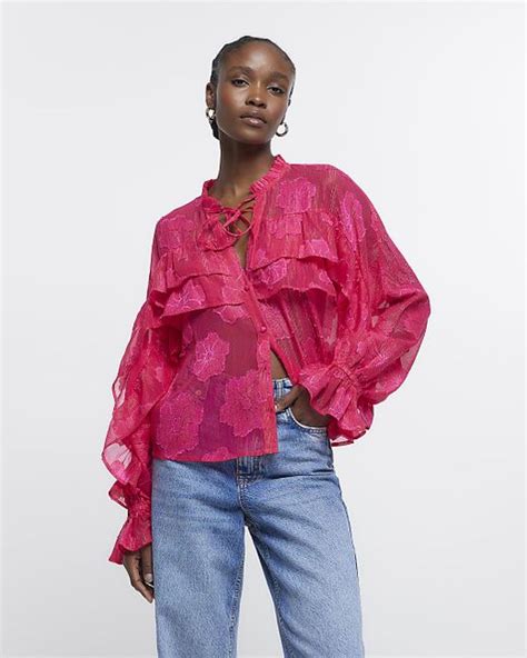 River Island Pink Floral Frill Long Sleeve Blouse In Red Lyst