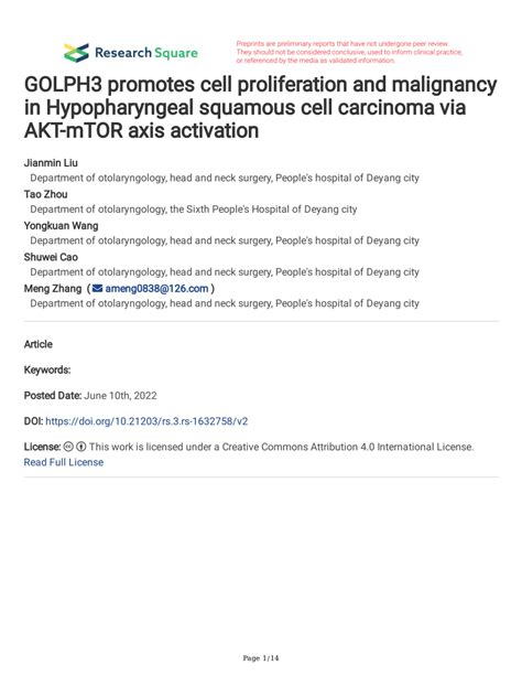 Pdf Golph Promotes Cell Proliferation And Malignancy In