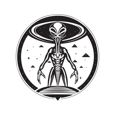 giant alien, vintage logo line art concept black and white color, hand drawn illustration ...