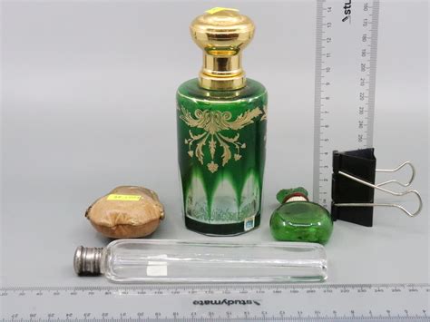 Lot 3 X Perfume Bottles Inc Leather Cased London Bottle And Green Glass Af