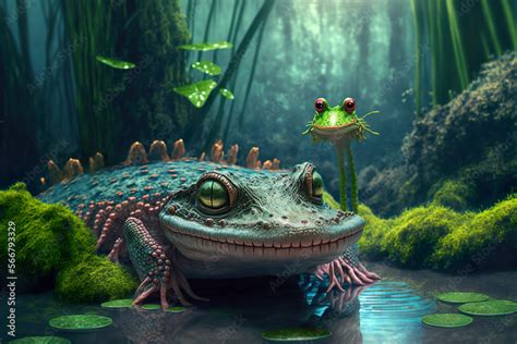 In an ancient alien world, different animal species live in the swamp ...