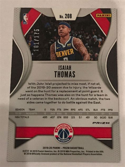 Panini Prizm Prizms Blue Fast Break Isaiah Thomas Wizards