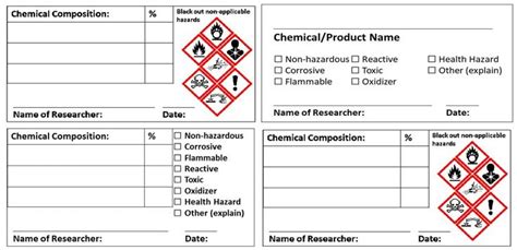 the chemical hazard label is shown in red and black, with arrows pointing to each other