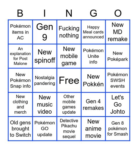 Pokémon Presents Bingo Card