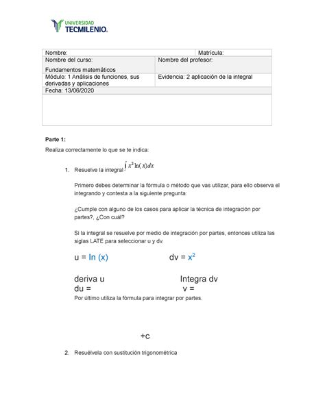 Evidencia Fundamentos Matematicos Nombre Matr Cula Nombre Del