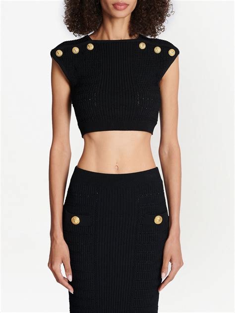 Balmain Ribbed Knit Cropped Top Black FARFETCH