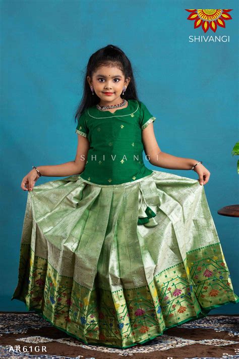 New Model Digital Lotus Pattu Pavadai Design For Girls Langa Green