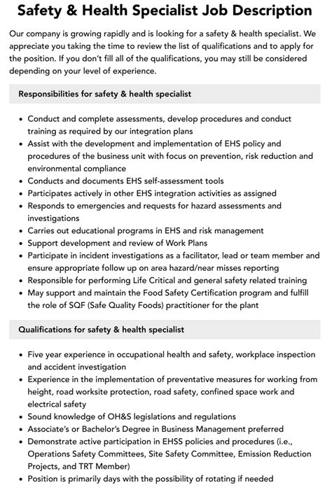 Safety And Health Specialist Job Description Velvet Jobs