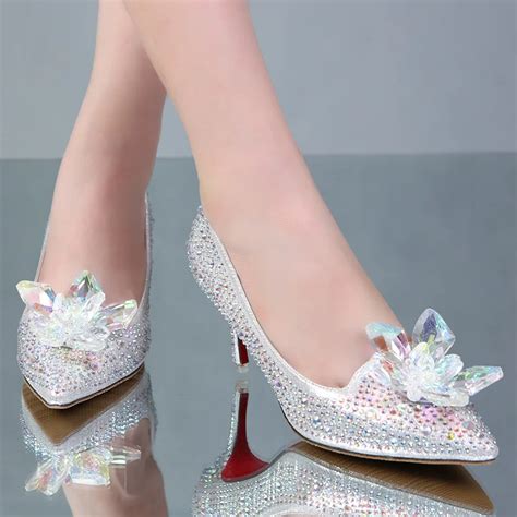 Cinderella Glass Slipper Pointed Heels Leather Diamond Wedding Shoes