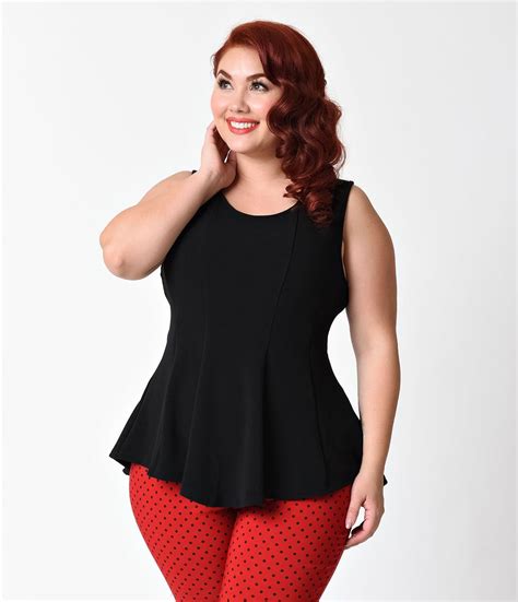 Plus Size Retro Style Black Cotton Knit Sleeveless Peplum Top Retro Fashion Plus Size Vintage