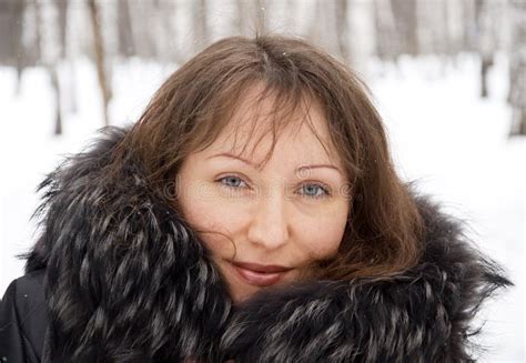 Brunette Woman In Snow Winter Park Stock Photo Image Of Head Forest