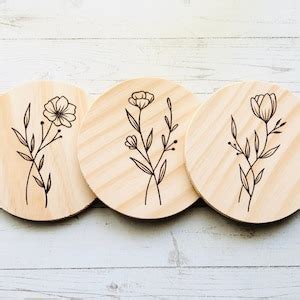 Floral Wood Burned Coaster Set Etsy