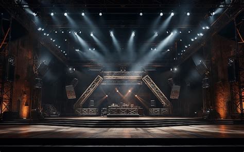 Concert stage with brick walls metal trusses and soffit lights ...