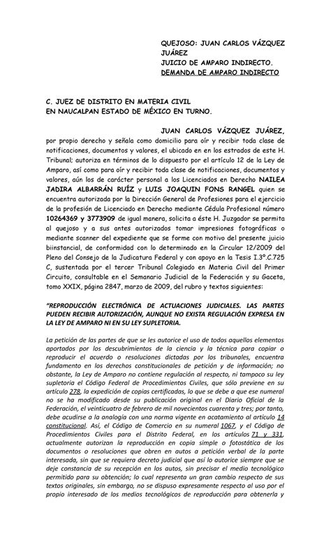 Amparo Indirecto Carlos Quejoso Juan Carlos V Zquez Ju Rez Juicio De