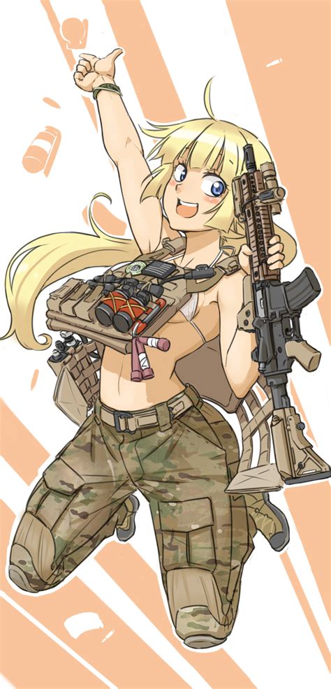 Safebooru 1girl Ahoge Assault Rifle Bikini Top Blonde Hair Blue Eyes