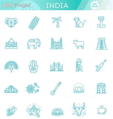 India Icons Set Indian Attractions Line Design Tourism In India