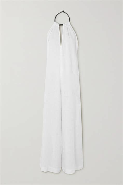 Three Graces London Karla Leather Trimmed Linen Voile Jumpsuit White