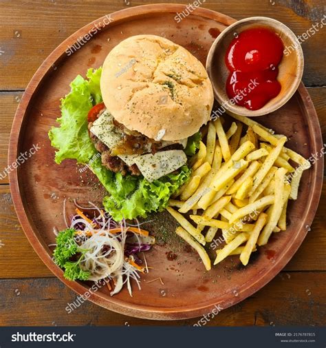 Cheese Burger Platter French Fries Salad Stock Photo 2176787815