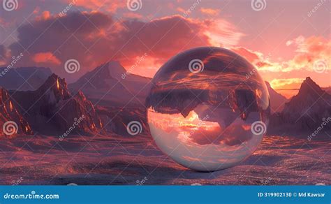 D Render Of Glass Sphere With Desert Landscape And Sunset Sky Stock