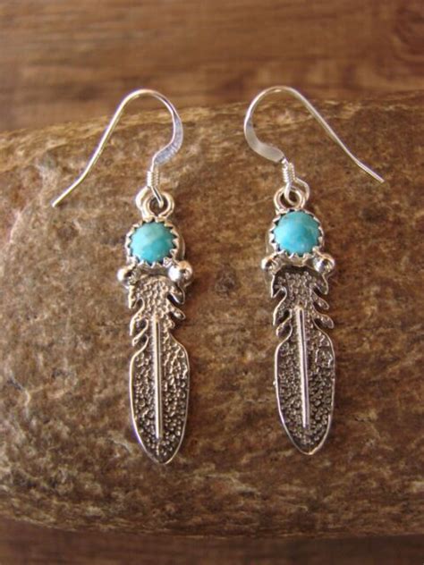 Native American Sterling Silver Turquoise Feather Dangle Earrings