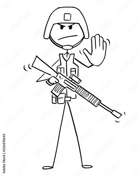 Cartoon stick drawing conceptual illustration of modern soldier in full ...